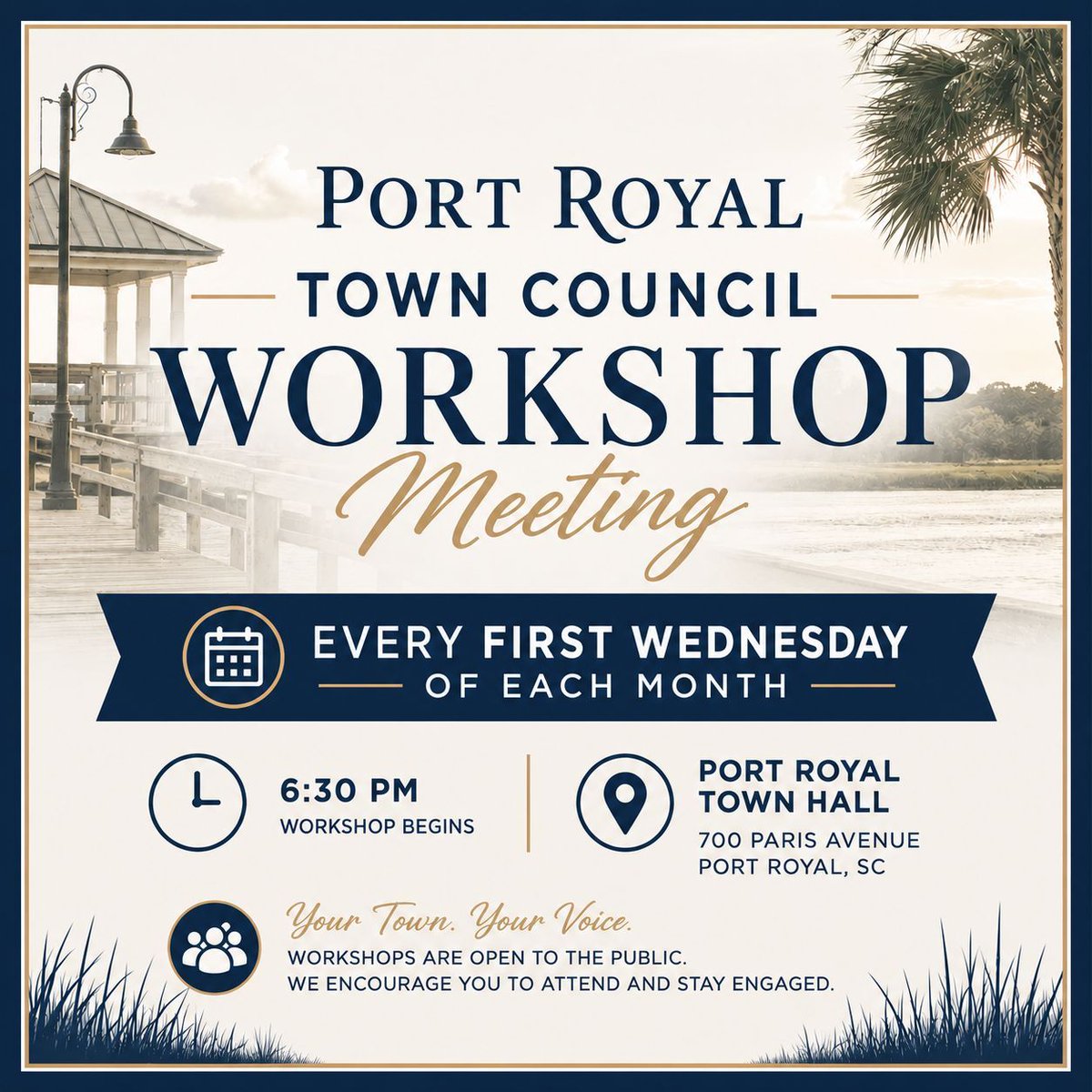 MayorKevin's tweet photo. Want a behind-the-scenes look at how Town Council prepares for upcoming decisions?

Join us for the Town Council Workshop every 1st Wednesday at 6:30 PM at Port Royal Town Hall (700 Paris Ave.).

The public is always welcome. Stay informed and stay engaged.

#PortRoyalSC https://t.co/bilJyRdAyy