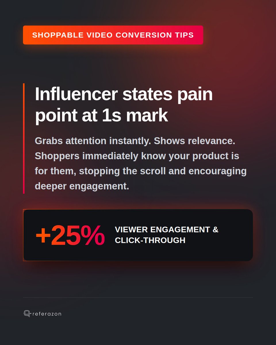referazon's tweet photo. First second of your product video: Critical. Tell your influencer to state the exact problem your item solves right away. 'Tired of X?' Instant connection, destroys scroll. Drives clicks. Make it obvious, make it sell. https://t.co/fk6SQXbvlI