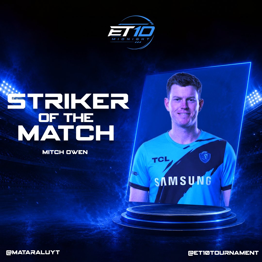 MatarAluYT's tweet photo. Match 8 Awards:    

Player of the Match: Nicholas Pooran
Striker of the Match: Mitch Owen

#ET10Midnight https://t.co/4F29JzHqcv