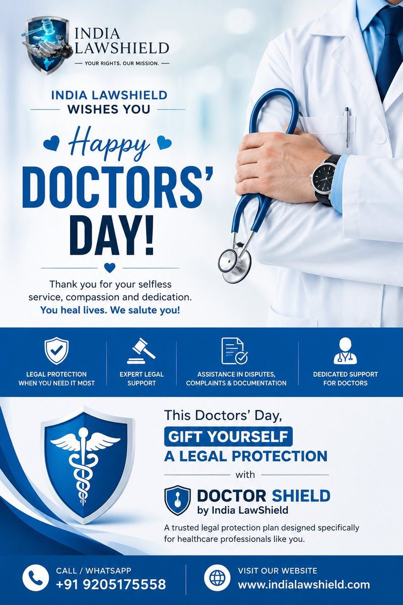 ILawshield's tweet photo. 𝐈𝐧𝐝𝐢𝐚 𝐋𝐚𝐰𝐒𝐡𝐢𝐞𝐥𝐝 𝐰𝐢𝐬𝐡𝐞𝐬 𝐲𝐨𝐮 𝐚 𝐇𝐚𝐩𝐩𝐲 𝐃𝐨𝐜𝐭𝐨𝐫𝐬’ 𝐃𝐚𝐲! 👨‍⚕️👩‍⚕️✨

You dedicate your life to protecting others… today, protect yourself too. ⚖️💙

𝐓𝐡𝐢𝐬 𝐃𝐨𝐜𝐭𝐨𝐫𝐬’ 𝐃𝐚𝐲, 𝐠𝐢𝐟𝐭 𝐲𝐨𝐮𝐫𝐬𝐞𝐥𝐟 𝐥𝐞𝐠𝐚𝐥 𝐩𝐫𝐨𝐭𝐞𝐜𝐭𝐢𝐨𝐧 𝐰𝐢𝐭𝐡 𝐃𝐨𝐜𝐭𝐨𝐫 𝐒𝐡𝐢𝐞𝐥𝐝 𝐏𝐥𝐚𝐧 𝐛𝐲 𝐈𝐧𝐝𝐢𝐚 𝐋𝐚𝐰𝐒𝐡𝐢𝐞𝐥𝐝 - 𝐝𝐞𝐬𝐢𝐠𝐧𝐞𝐝 𝐭𝐨 𝐬𝐮𝐩𝐩𝐨𝐫𝐭 𝐡𝐞𝐚𝐥𝐭𝐡𝐜𝐚𝐫𝐞 𝐩𝐫𝐨𝐟𝐞𝐬𝐬𝐢𝐨𝐧𝐚𝐥𝐬 𝐰𝐢𝐭𝐡 𝐥𝐞𝐠𝐚𝐥 𝐠𝐮𝐢𝐝𝐚𝐧𝐜𝐞 𝐚𝐧𝐝 𝐩𝐫𝐨𝐭𝐞𝐜𝐭𝐢𝐨𝐧 𝐰𝐡𝐞𝐧 𝐲𝐨𝐮 𝐧𝐞𝐞𝐝 𝐢𝐭 𝐦𝐨𝐬𝐭. 🛡️

Because the hands that heal deserve a shield that protects.

📩 𝐆𝐞𝐭 𝐲𝐨𝐮𝐫 𝐃𝐨𝐜𝐭𝐨𝐫 𝐒𝐡𝐢𝐞𝐥𝐝 𝐏𝐥𝐚𝐧: https://t.co/3CJoYKr4lz
📞 +91 9205175558
🌐 https://t.co/tTsfckeRpz

𝐈𝐧𝐝𝐢𝐚 𝐋𝐚𝐰𝐒𝐡𝐢𝐞𝐥𝐝 - 𝐘𝐨𝐮𝐫 𝐑𝐢𝐠𝐡𝐭𝐬. 𝐎𝐮𝐫 𝐌𝐢𝐬𝐬𝐢𝐨𝐧.

#HappyDoctorsDay #DoctorShield #IndiaLawShield #DoctorsOfIndia #LegalProtection #HealthcareHeroes #MedicoLegalSupport