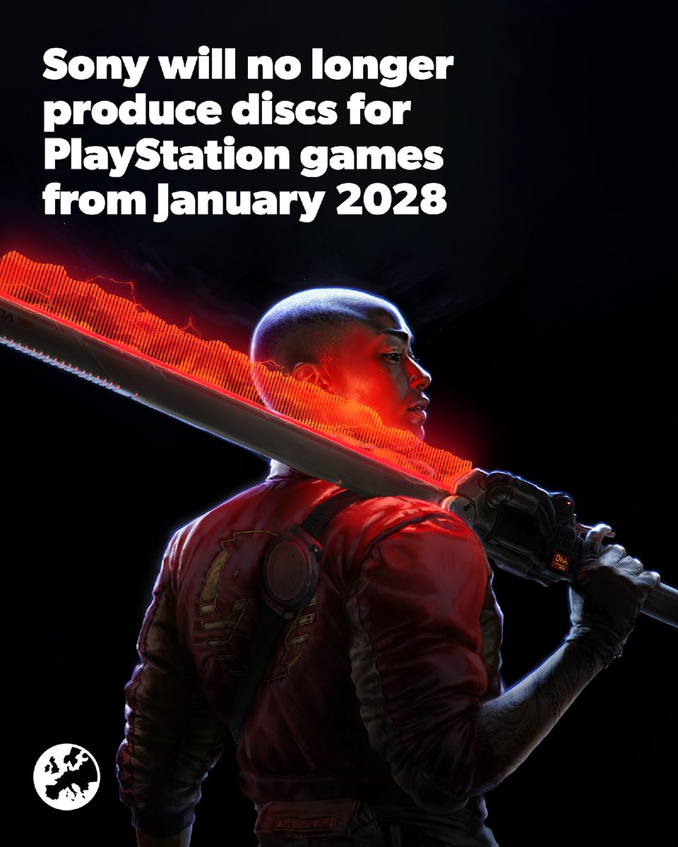 eurogamer's tweet photo. Sony has announced today it's ceasing production of discs for PlayStation games, effective January 2028. https://t.co/jz7UjLbHOc https://t.co/9gTVucqkXF