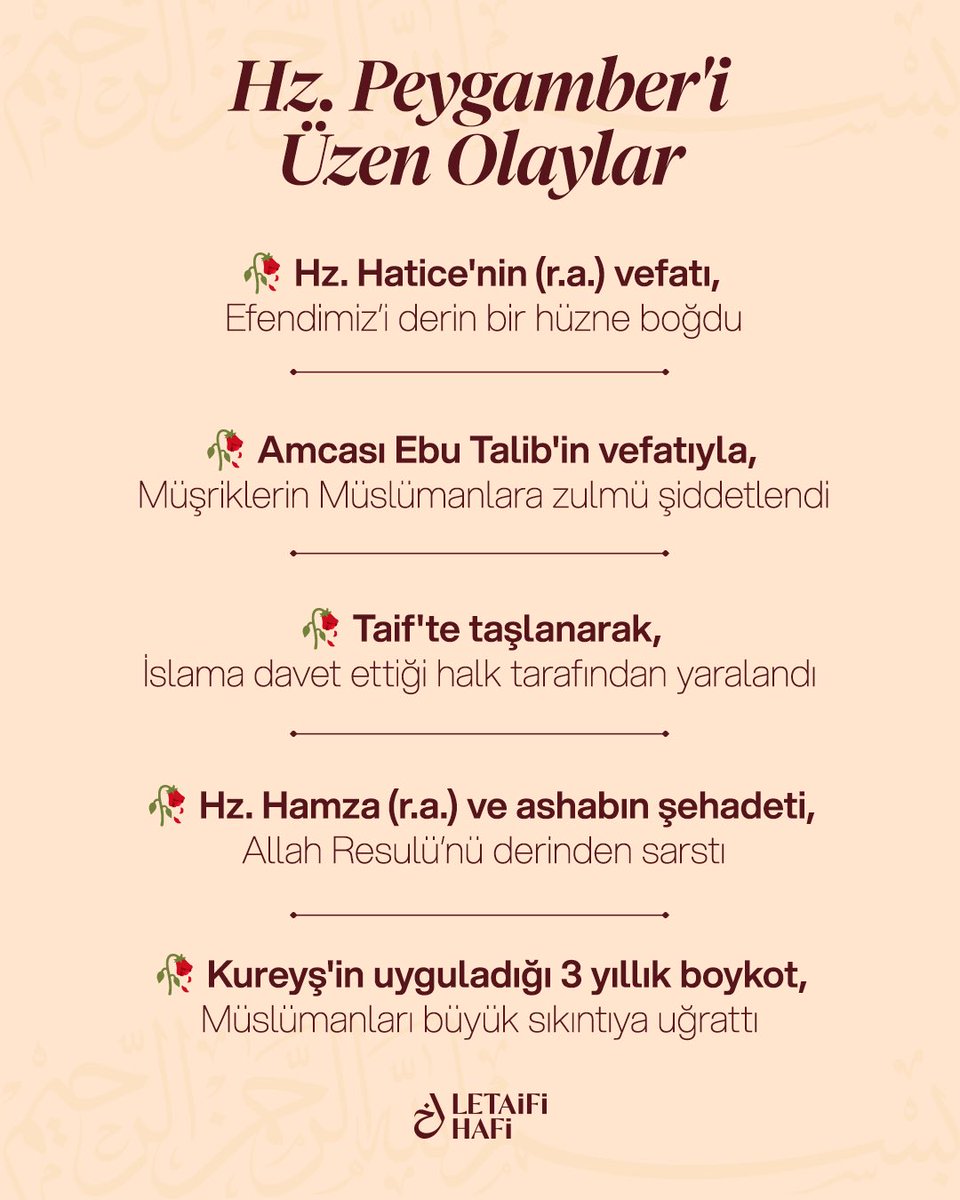 LetaifiHafi's tweet photo. Hz. Peygamber’in tebliğ mücadelesi boyunca karşılaştığı ağır imtihanlar ve yaşadığı derin acılar, İslam tarihindeki en büyük sabır örneklerini oluşturur 🥀

Müslümanlar için bu hüzünlü hadiseler zorluklar karşısında metanet göstermenin ve Allah’a olan teslimiyeti hatırlatır ☝🏻 https://t.co/1AbCXrFBfP