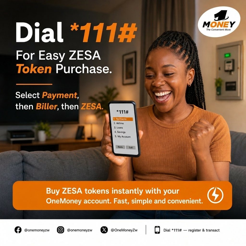 OneMoneyZw's tweet photo. Stay powered with OneMoney!
Buying ZESA tokens has never been easier:
✅ Dial *111#
✅ Select Payment
✅ Choose Biller
✅ Select ZESA
Get your token instantly and keep the power flowing! 💡📱 
#TheConvenientMove 
#OneMoney https://t.co/BQrSj57cHw