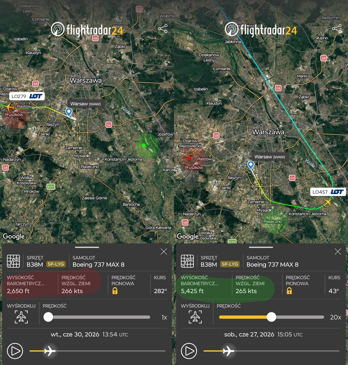 k8w4's tweet photo. Ten sam #samolot/lot
> odlot z @ChopinAirport nad #Pruszków niezgodnie z trasami, poza zasięgiem punktów pomiaru #hałas u, z ogromnym hukiem i przyspieszeniem do 266 węzłów na wysokości 2650 stóp‼️
> na innych trasach ta sama prędkość osiągana na wysokości 4200-7825‼️stóp @MUW_RP https://t.co/6snAdeR5bQ