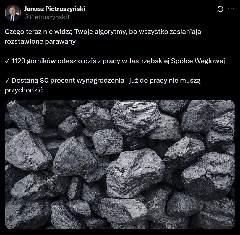 laskowski_pl's tweet photo. Średni wiek przechodzenia górników na emeryturę w Polsce wynosi około 49 lat.  
Finansujemy 44 latkom wynagrodzenia jak za urlop przez 5 lat, to jest 14 000 brutto miesięcznie. 

Czy to jest godne i sprawiedliwe? 

Co mają powiedzieć zwalniani pracownicy z 3 miesięczną odprawą? https://t.co/qaakporqsb