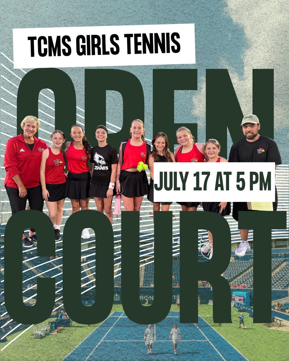 TC_Schools_KY's tweet photo. ππππ πππππ ππππππ will have open court on Friday, July 17, at 5 PM at the TCHS Tennis Courts! TCMS Girls Tennis is open to girls in 4th - 8th grade & must have tennis shoes/court shoes and a current sports physical.
#tcpride #gocards #ladycards #tcmsgirlstennis https://t.co/XgKMYciiEQ