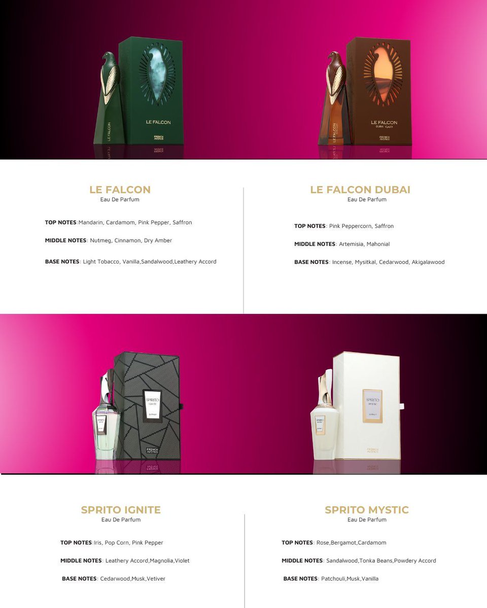 husseinperfume's tweet photo. Explore Le Falcon, Le Falcon Dubai, Sprito Ignite, and Sprito Mystic — thoughtfully composed fragrances designed to enhance evolving fragrance assortments.

Contact our team for inquiries. https://t.co/m5MQJ2gqjy