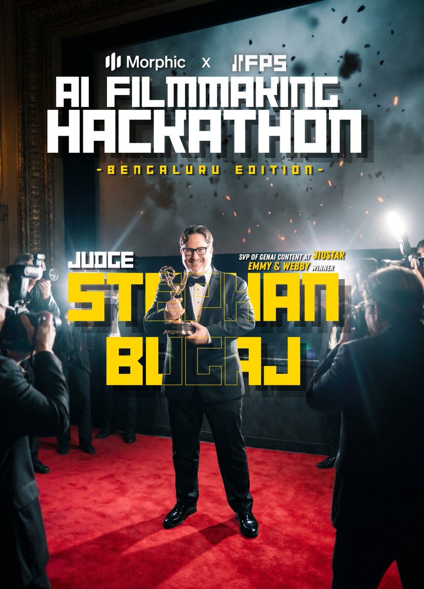 JaikrishnaAI's tweet photo. Finding the top minds in AI cinema is a wild hunt, but we just landed a massive one.

Thrilled to announce that Stephen Brugaj, Emmy Award winner and SVP of GENAI Content at Jio Star, is officially joining Bangalore's biggest AI filmmaking hackathon at The Hub.

This is your perfect chance to show your creative talent and put your movies on the big stage. If you want to be a part of this huge event, register before 5th July.

Feel free to reply or DM