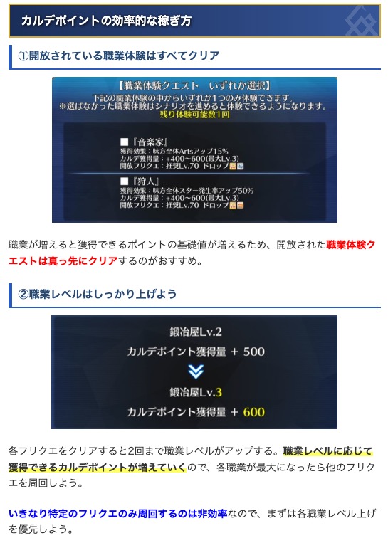 appmediafgo's tweet photo. <カルデポイントの効率的な稼ぎ方>
・職業レベルに応じて獲得量が決まる
┗ドロップによるランダム要素はない
・職業体験クエストは即クリア推奨
・フリクエは各2回ずつクリアしよう

進行に必要なポイントの解説です。いつもと仕様がちょっと違うので注意！
https://t.co/Ug9gQyqiS6
#FGO https://t.co/dj22jrNj4M