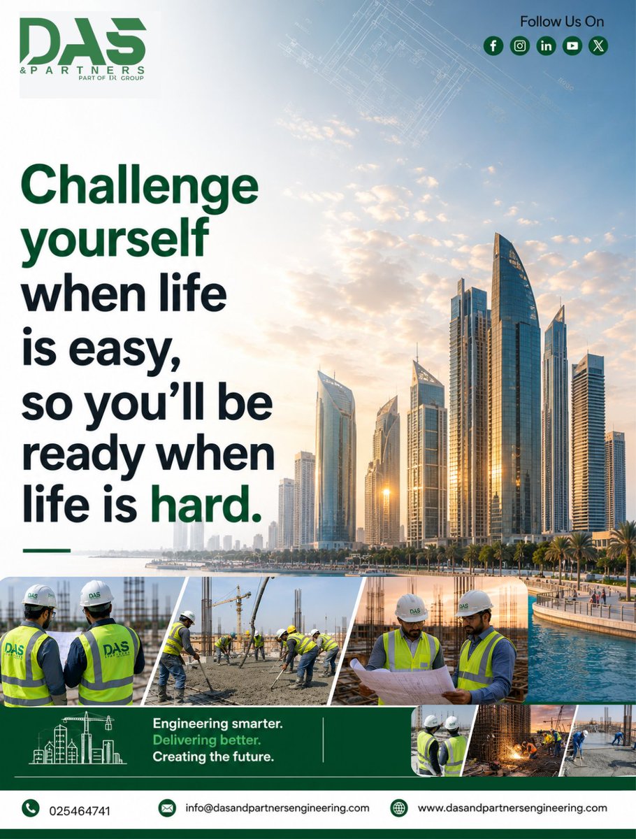 dasandpartners's tweet photo. ๐ช Challenge yourself when life is easy, so you'll be ready when life is hard.
#DASPartners #EngineeringConsultancy #UAEConstruction
#MotivationMonday #DASandPartners #OvercomeChallenges #EngineeringExcellence #Motivation #TeamDAS #DasAndPartners #ConstructionLife https://t.co/2pn95AqPha