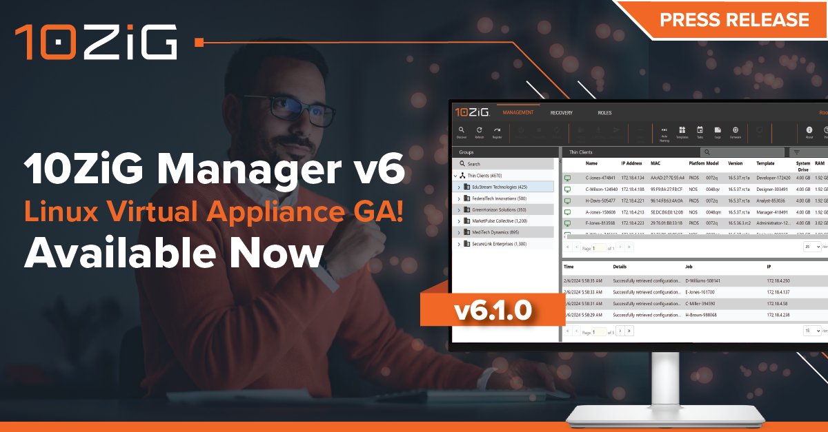 10ZiGTechnology's tweet photo. 10ZiG Announces General Availability of 10ZiG Manager v6 and Linux Virtual Appliance! New Linux-based management platform delivers enhanced scalability, security, and simplified deployment at no additional cost.

See full press release here > https://t.co/rEdzjZL8qX

#10ZiG #VDI https://t.co/v5nQHSn2p2