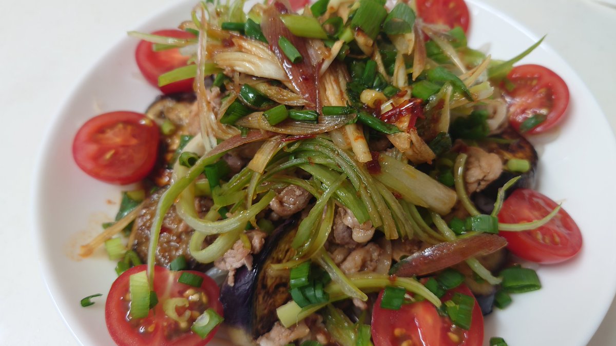 psydistic's tweet photo. 夕食は、豚肉、茄子、もやしとトマトと香味野菜の甘酢和え🥓🍆🍅
みょうがとネギがいい感じ😄
あと、ツルヤのおやき（七味 野沢菜、七味 きのこ）これ、たまに食べたくなる😋 https://t.co/o28LMbA3TP