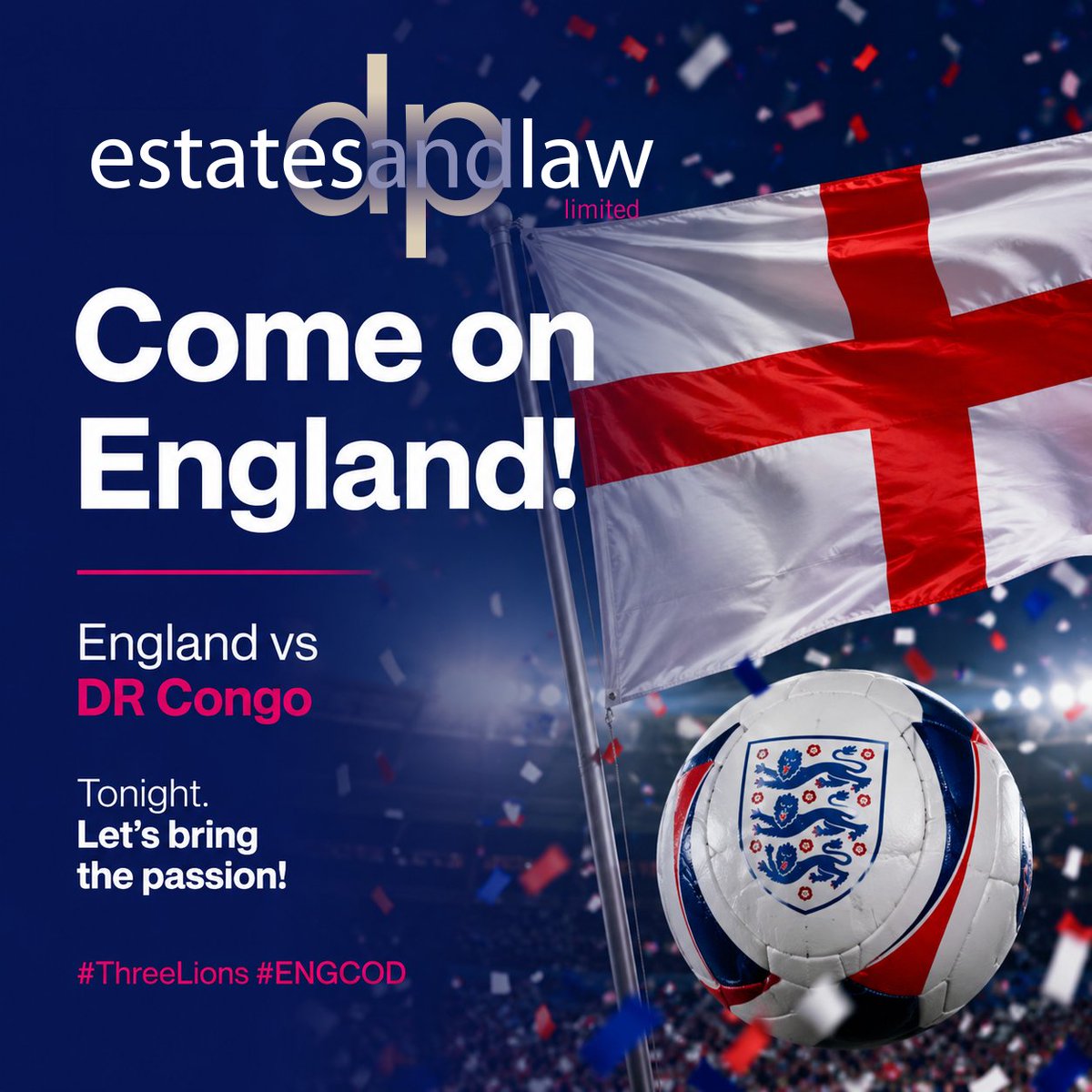 EstatesandLaw's tweet photo. Come on, England! ⚽

Best of luck to England from everyone at Estates &amp; Law. We'll be cheering you on every step of the way!🙌

#ThreeLions #England #ENGCOD #Football #EnglandFootball #ItsComingHome #EstatesAndLaw https://t.co/Mn6DWbWzSQ
