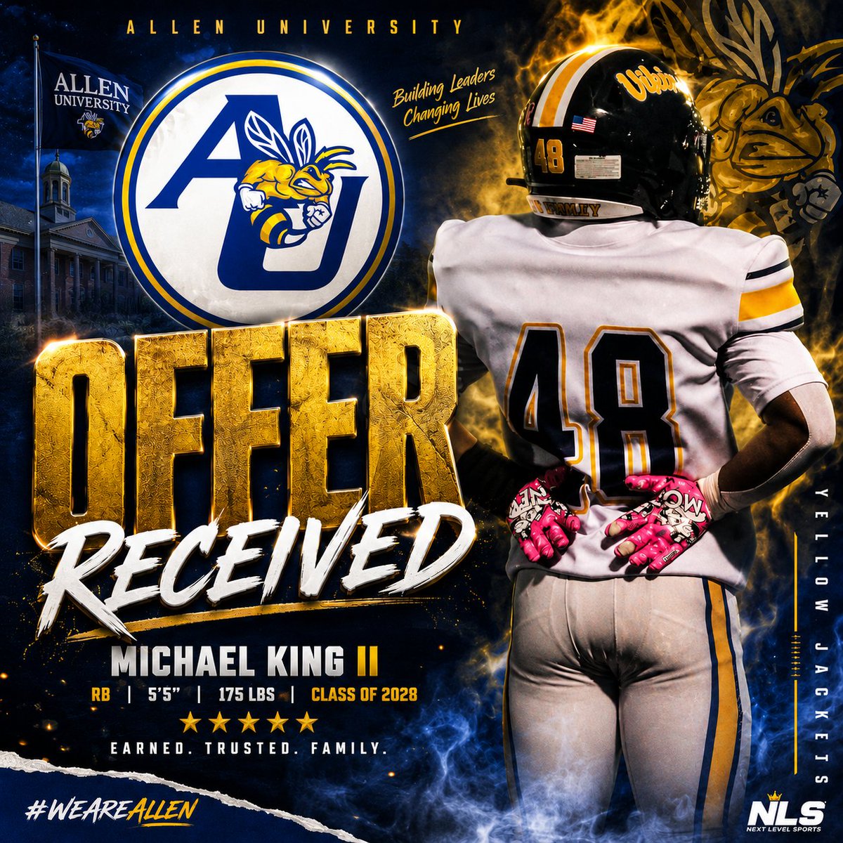 nlevelsports's tweet photo. 🚨 OFFER RECEIVED 🚨

Michael King II | RB | Class of 2028  
5'5" | 175 lbs  

Just earned an offer from Allen University Yellow Jackets 🐝

Earned. Trusted. Family.

College coaches — this young back ( @DeuceKing1105 )  is putting in serious work. Keep an eye on him. 👀

What do you like about this prospect? Drop it below 👇

#WeAreAllen #AllenUniversity #YellowJackets #ClassOf2028 #CollegeFootballRecruiting