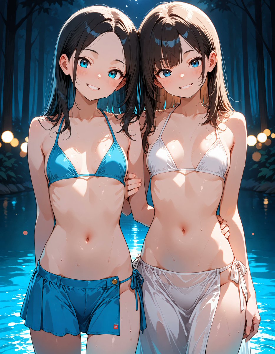 AIart #AIイラスト 夜の森が、ふたりだけを包んでいた。 水面に揺れる