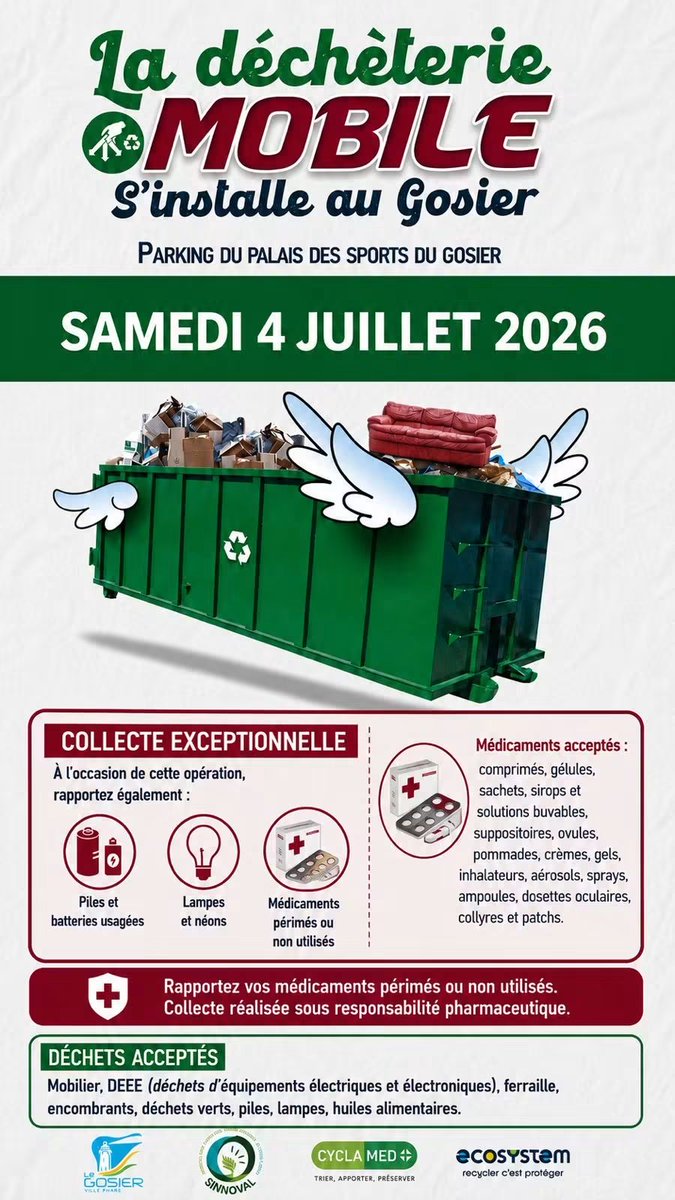sinnoval_off's tweet photo. La déchèterie mobile est de retour ce samedi 5/07 !

📍 Parking du Palais des Sports de la @VilleduGosier
🕖 7h à 13h

Déposez gratuitement vos encombrants, DEEE, métaux, déchets verts et huiles alimentaires usagées. https://t.co/bdcYy5ihfz