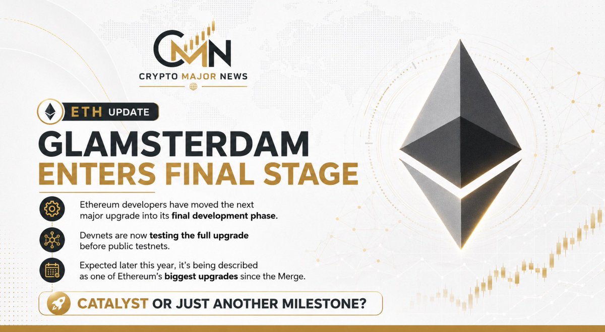 CryptoMajorNews's tweet photo. Glamsterdam has entered its final development phase, with devnets testing the upgrade before public testnets.

Expected later this year, it could be Ethereum’s biggest protocol overhaul since the Merge.

Is this the catalyst $ETH needs? https://t.co/LTzE32Bjua