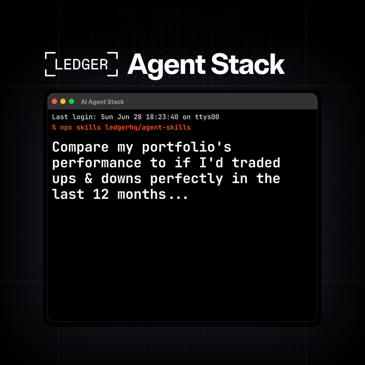 Ledger's tweet photo. Quick one for the timeline: hand your agent this prompt, see what you get, and share with us below 👇

"Compare my portfolio's performance to if I'd traded perfectly ups & downs in the last 12 months.  

Read https://t.co/5IEf61uKTu. Install Wallet CLI + skill. Read-only: check balances + history. 

Tell me how my trading has stacked up."