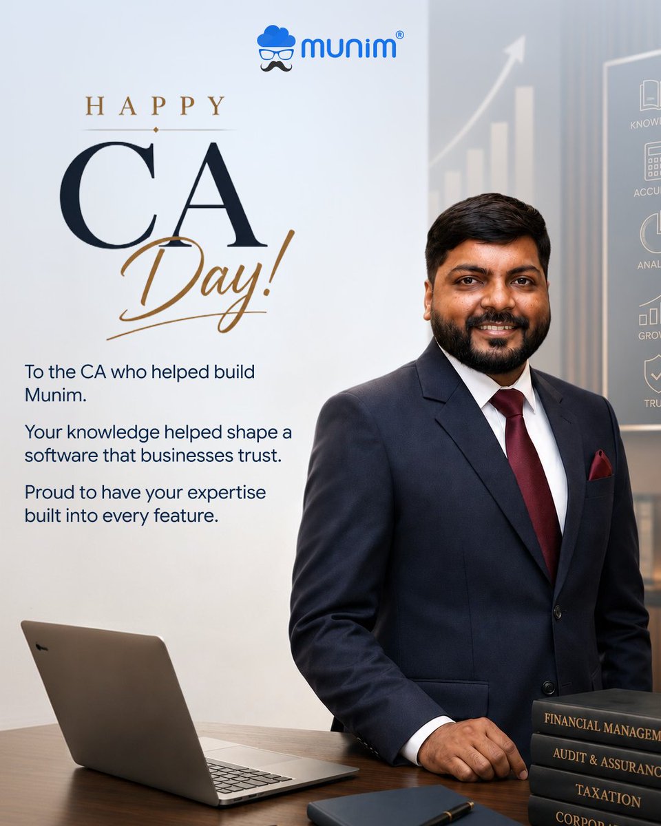 munimerp's tweet photo. A special CA Day wish to our in-house CA @aj_savani , whose knowledge makes Munim stronger from the inside.
Thank you for helping us build software that truly understands business needs.
#Munim #CA #CADay #GSTSoftware https://t.co/CfRwTlgJ5w