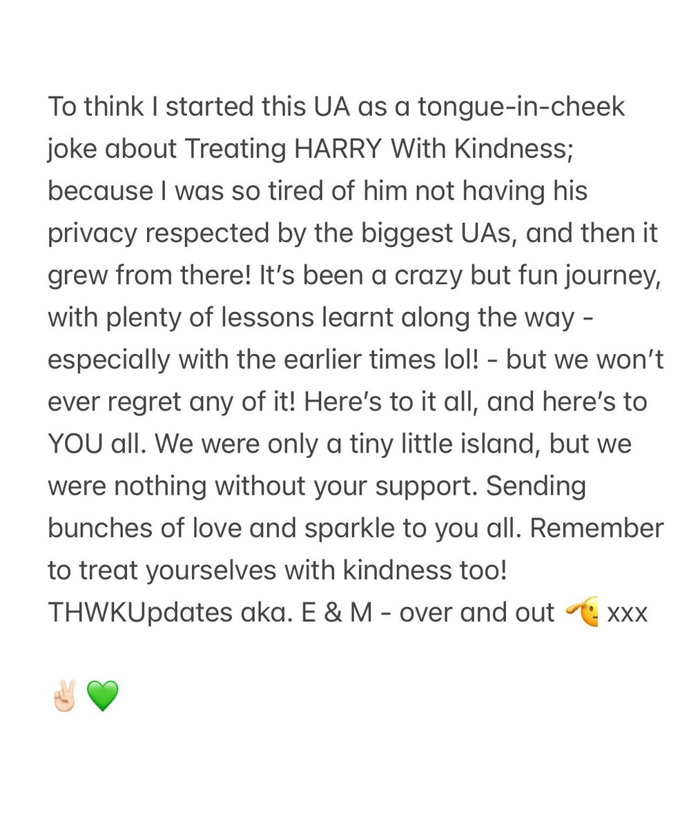 THWKUpdates's tweet photo. Hiiiiii 👋🏻 We have decided to wave a bittersweet goodbye to the UA 🤧 We are both so grateful for all your support over the last 7 and a half years 💖 

Most importantly - Please continue to treat Harry with kindness and stop normalising and sharing invasive content 💫✨xxx

✌🏻💚 https://t.co/ovVJ28IEIO
