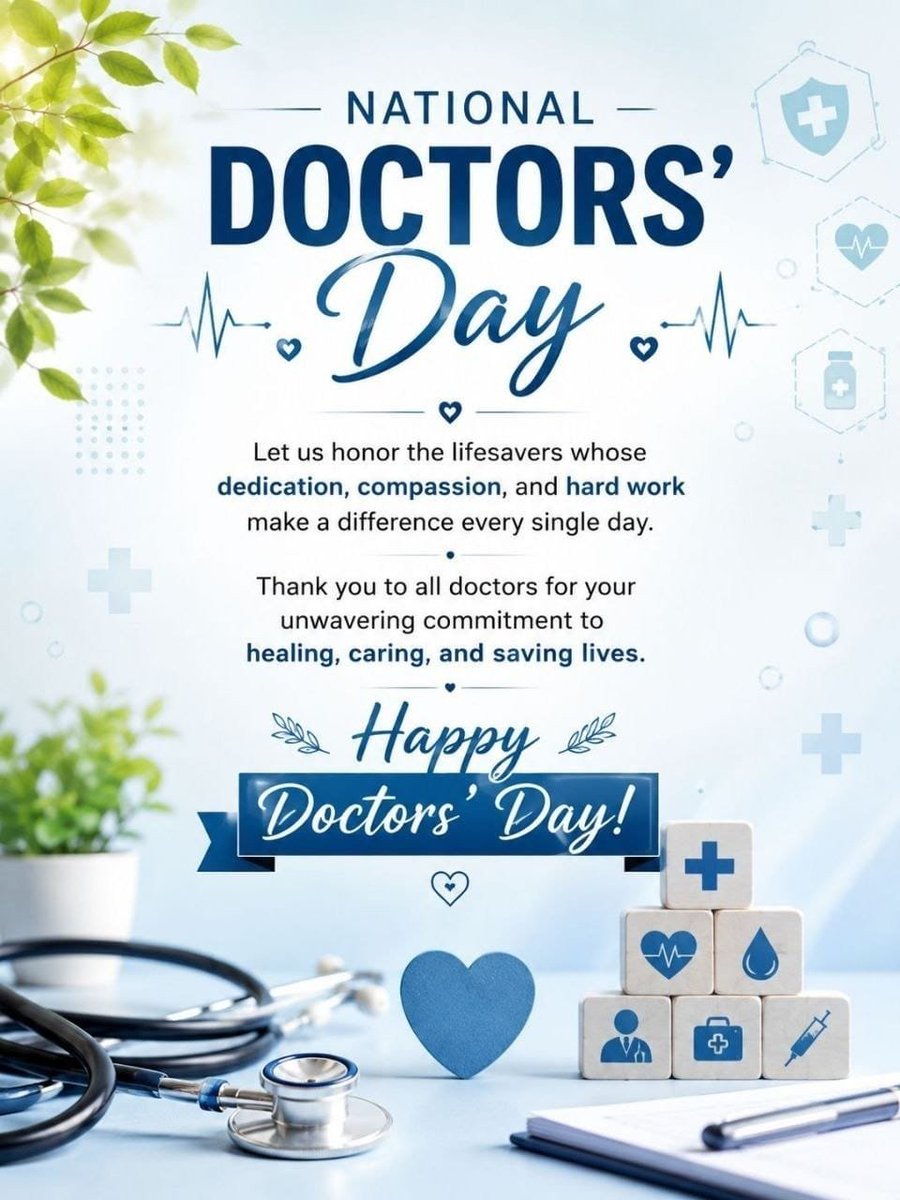 Sharmanilamiit's tweet photo. 🩺✨ Happy National Doctors’ Day 2026!

Honoring the dedication, compassion &amp; commitment of doctors—the true guardians of health and hope. 💙

Thank you for healing, caring and saving lives every day. 🙏🏥

#NationalDoctorsDay #DoctorsDay2026 #HealthcareHeroes https://t.co/lj1ZI3qrPx