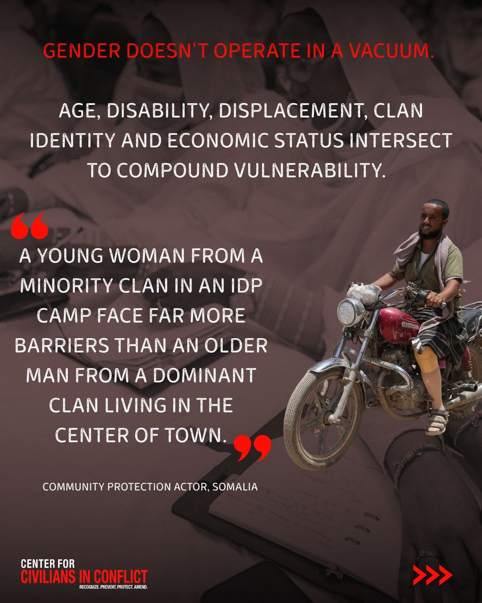 CivCenter's tweet photo. Effective protection means understanding how conflict affects women, men, boys, and girls differently—and responding to all of these realities. 

Read the report https://t.co/jrTq6XonFB https://t.co/Uwry3E0peE