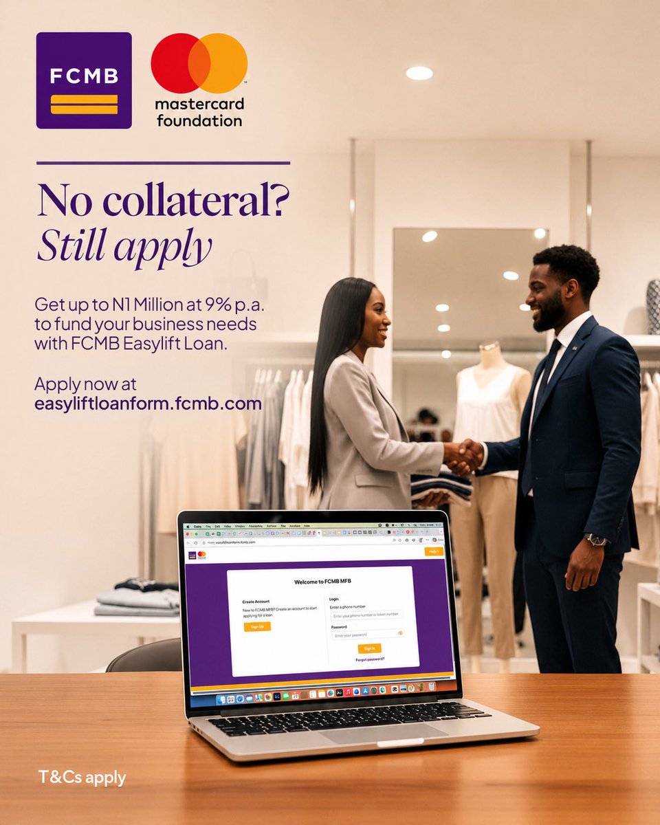 MyFCMB's tweet photo. Need funding for your business?
Eligible businesses can access up to ₦1 million with the FCMB EasyLift Loan at 9% p.a.
Apply by July 31 at https://t.co/o1v5GF0fOO using referral code LIFT.
#FCMB #EasyliftLoan #SMEFinance #BusinessGrowth https://t.co/F4gHlfO9IB