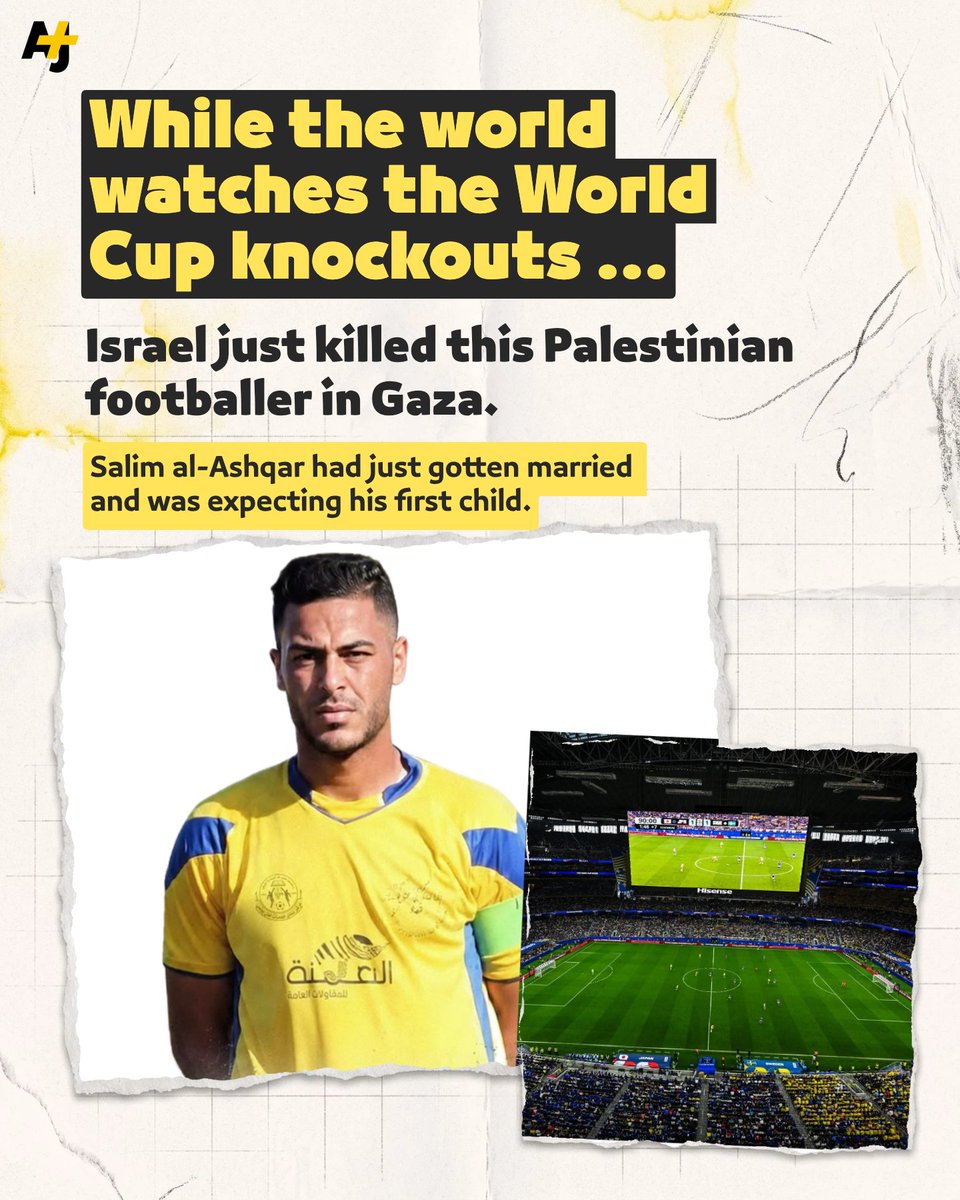 ajplus's tweet photo. Israeli forces have killed Palestinian goalkeeper, Salim al-Ashqar in Khan Younis in Gaza. 

He’s one of 567 people from the football community killed in Gaza since Oct. 7, 2023. https://t.co/VQcCIfbeoY