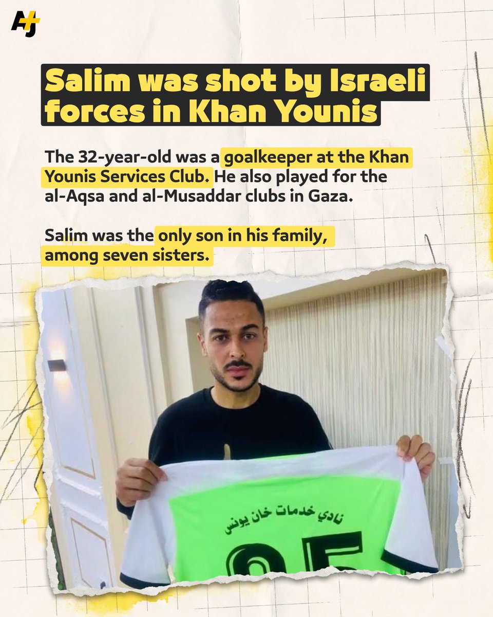 ajplus's tweet photo. Israeli forces have killed Palestinian goalkeeper, Salim al-Ashqar in Khan Younis in Gaza. 

He’s one of 567 people from the football community killed in Gaza since Oct. 7, 2023. https://t.co/VQcCIfbeoY