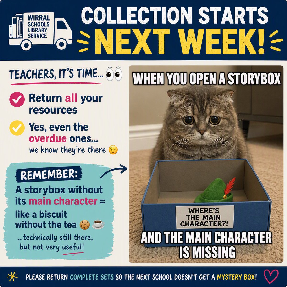 slswirral's tweet photo. 🚐 Collections starts NEXT WEEK! Please have boxes ready by 9am on your collection day. @followers #endofterm #beorganized https://t.co/81S5fKS1f2