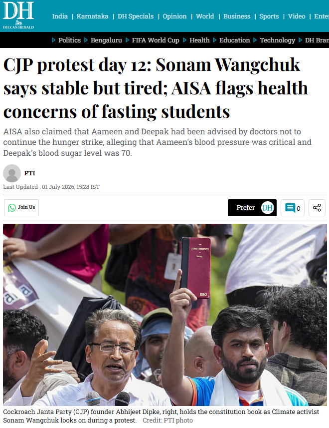 DivyaPatel9009's tweet photo. CJP protest day 12: Sonam Wangchuk says stable but tired; AISA flags health concerns of fasting students

#SecondBirthDate #ToxicTheMovie
ईशान किशन #ApolloTyres #MEILAnalogJV https://t.co/8PhNypiQqT