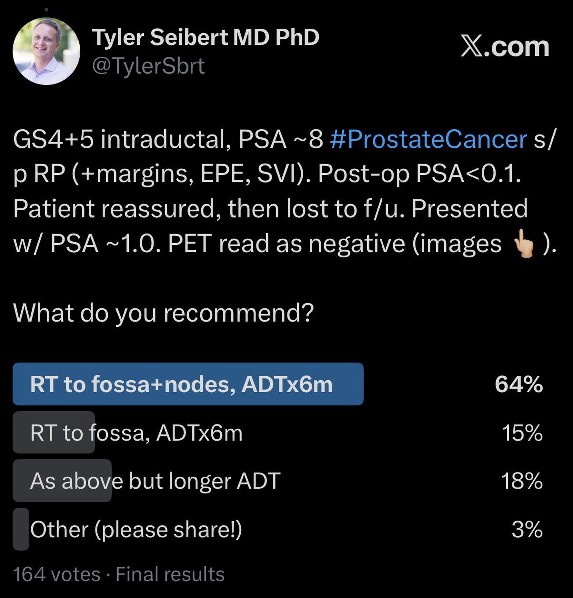 TylerSbrt's tweet photo. @SeanMcGuireMD @Prof_Nick_James @KOSJ12 @NicholasZaorsky @DrHowardSandler @prostatemd @tjroycemd @PaulSargos @jmmrad @kluwemdphd @weeloonong @BrandonMahal @DrStish @aleberlin2 @Soum_Roy_RadOnc @drjefstathiou @seanmmcbride @ZilliThomas @docpriyamvada @Xristodouleas @a_dalpra @whallradonc @ndesai2005 @AlisonBirtle @PCaParker @angela_jia_ @rtdess @PBlanchardMD @SbrtSean @subatomicdoc @DrAndrewLoblaw @DrSpratticus @TonyFelefly Two polls. L: based on PET/clinical factors. R: after MRI. 

Take-home points:
1️⃣ Still need more evidence for a consensus in high-risk post-op @APCCC_Lugano 

2️⃣If PSA high and PET neg, consider MRI. MRI may be better in fossa.

3️⃣GU onc community is amazing for discussions! 🙏🏼 https://t.co/tpnWLpdPjN