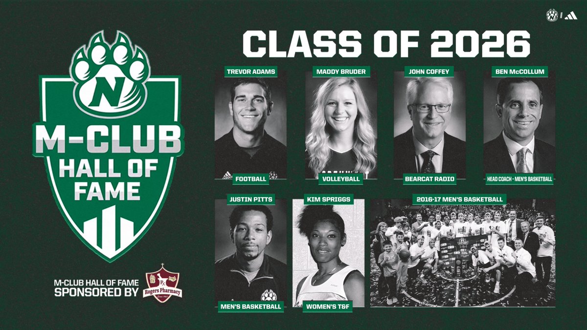 bearcatsports's tweet photo. The 2026 Northwest Missouri State University M-Club Hall of Fame class has been announced. Six individuals and the 2016-17 men's basketball national championship team will be enshrined.

The Class of 2026's individual inductees include early age inductee John Coffey (Bearcat Radio) along with modern age inductees Trevor Adams (Football), Maddy Bruder (Volleyball), Ben McCollum (Men's Basketball Coach), Justin Pitts (Men's Basketball) and Kim Spriggs (Women's Track & Field). The 2016-17 men's basketball team captured the program's first NCAA Division II national championship with a 35-1 overall record. The season included MIAA regular season and tournament titles.
📰: https://t.co/v15mwKe99a

#OABAAB ||| @NWMOSTATE