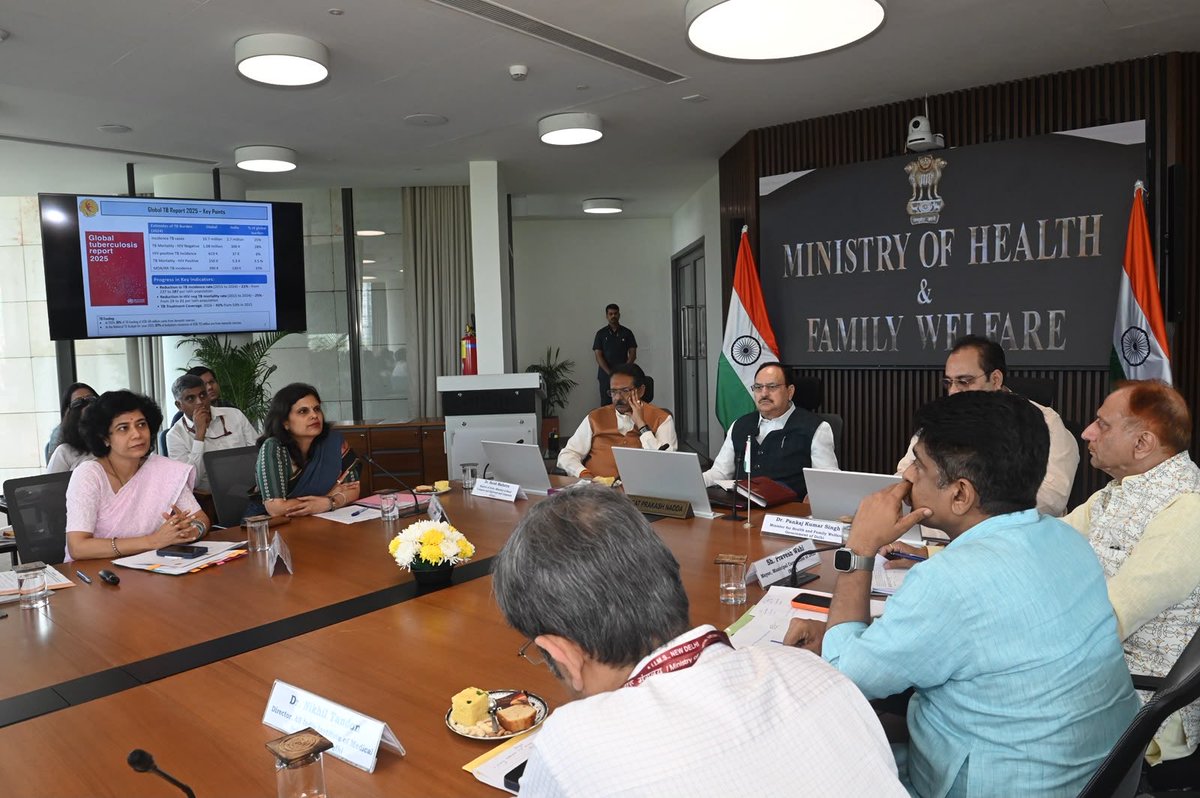 MoHFW_INDIA's tweet photo. #HealthForAll

Union Health Minister chairs review meeting of the TB Mukt Bharat Abhiyaan with the Delhi Government

Implementation must be based on cooperation, not in isolation": Shri J.P. Nadda

Shri Nadda Calls for Enhanced Jan-Bhagidari Urging Public Representatives to Participate in the Activities Under the TB Mukt Bharat Abhiyaan 

Union Health Minister Stresses Greater Participation of MY BHARAT Volunteers in Line with Prime Minister Shri Narendra Modi's Guidance at the Recent PRAGATI Meeting

Delhi has screened 28.83 lakh people, conducted 21.67 lakh chest X-rays and 3.65 lakh molecular tests, and notified 1.75 lakh TB patients under the Abhiyaan

The review called for strengthening of Jan Bhagidari - urging elected representatives, Resident Welfare Associations and Ward Committees across Delhi to take ownership of the mission

https://t.co/OwQBDLUI9Z