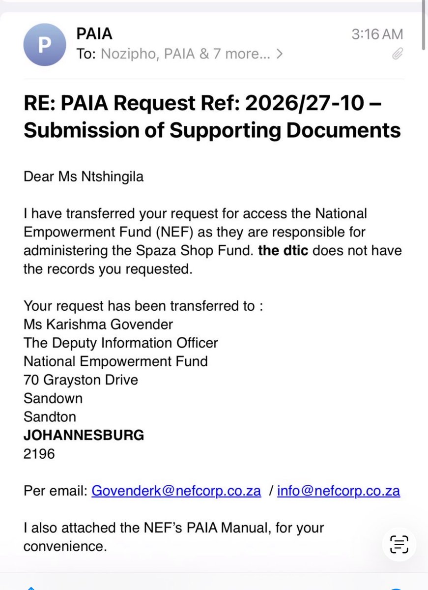 RamaphiriMpho's tweet photo. Hello guys we got the reply from @Stellarated department about R500m Spaza Fund PAIA Application .
We made an application to access the list of beneficiaries for the 500 million she got last year to fund the spaza shops . The Small Business Dept responded that they don't have the list as the Fund is administered by NEF. We are in the process of filing another application with NEF. The response from NEF shall determine our next course of action. Credits:@HrhMaNtshingila ❤️.