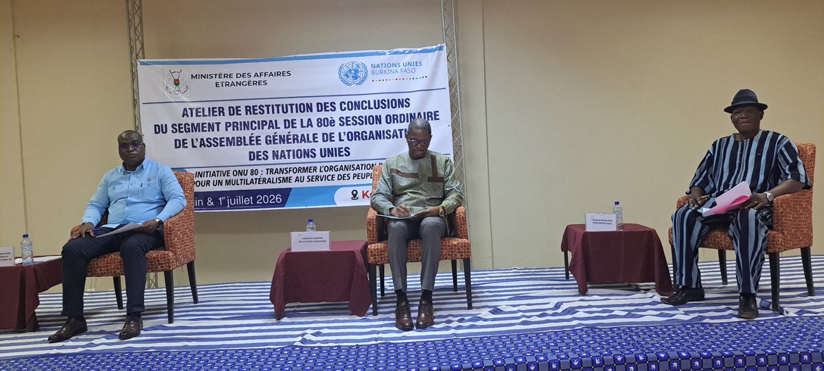 FAOBurkinaFaso's tweet photo. La @FAOBurkinaFaso a pris part à l'atelier de restitution des travaux du segment principal de la 80ᵉ session de l'Assemblée générale des Nations Unies sur la réforme de l'ONU, tenu à Koudougou ce mercredi 1er juillet 2026.

Au cours du panel animé par S.E.M. le Ministre des Affaires étrangères, de la Coopération régionale et des Burkinabè de l'extérieur et le Coordonnateur résident du Système des Nations Unies, les échanges ont mis en lumière la nécessité d'une ONU plus inclusive, mieux alignée sur les priorités des États membres et dotée de mécanismes de financement plus durables, tout en saluant le choix porté sur le #Burkina parmi les 12 pays pilotes appelés à contribuer à cette réforme.

Le Représentant de la @FAOBurkinaFaso a enrichi le débat en interrogeant les panélistes sur l'existence d'une réflexion nationale autour de modèles de financement, à l'image de la proposition de S.E.M. le Ministre visant à réaffecter une partie des ressources consacrées au service de la dette au financement des Nations Unies, ainsi que sur les garanties de continuité de cette réforme au-delà du mandat de l'actuel Secrétaire général.

@FAO 
@FAOWestAfrica 
@onubf