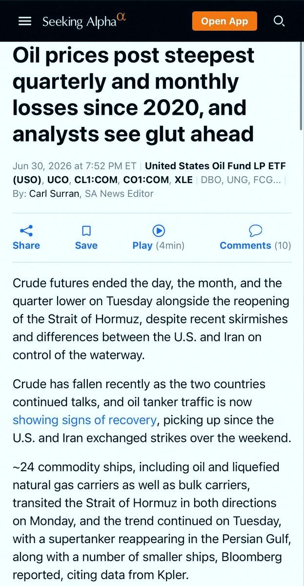 JacobBeasley10's tweet photo. Oil just had its worst quarter since the 2020 COVID crash, and it happened during a war in the Middle East.

The Strait of Hormuz shut down. Textbook says oil prices should spike. Instead, they tanked.

Nymex crude fell 31.4% to $69.50. Brent dropped 38.4% to $72.92. Worst Q https://t.co/Y3eXCoJMlc