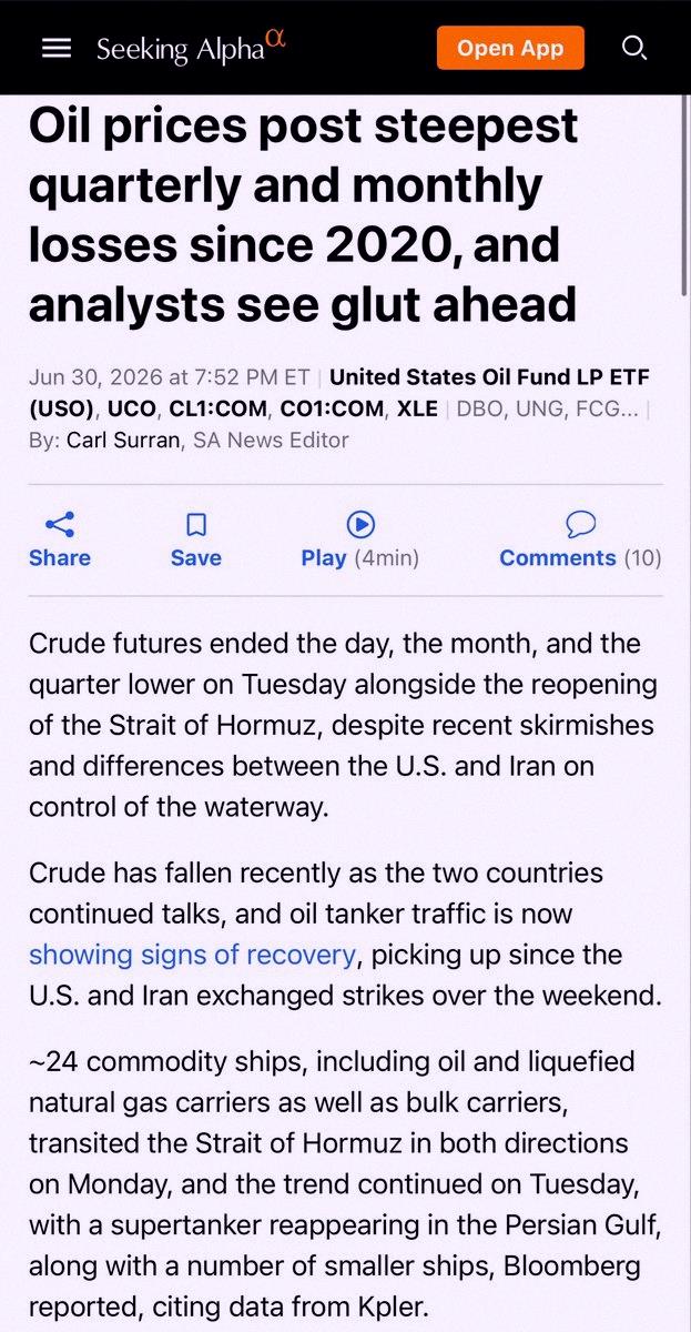 TiffGarb21's tweet photo. Oil just had its worst quarter since the 2020 crash, even during a war. A Middle East conflict blocked the Strait of Hormuz—supposed to spike prices. But crude dropped over 30% instead. Why? US output hit a record 13.93M barrels/day in April. Now the strait's reopening, tankers https://t.co/pmqGhqykb2