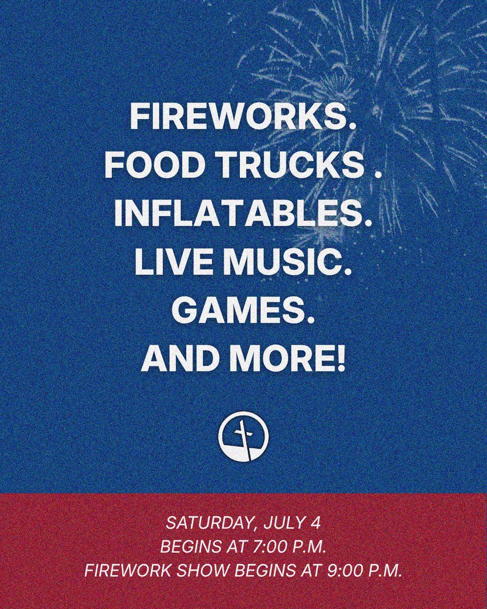 firstbaptistmj's tweet photo. Don’t miss our July 4 Celebration beginning at 7:00 P.M. as we celebrate America’s 250th! Enjoy food trucks, inflatables, family fun, &amp; live music featuring special guest Doyle Dykes. 🎆 Stick around for an INCREDIBLE fireworks show at 9:00 PM! Bring a lawn chair—see you there! https://t.co/5F4f25HFJH