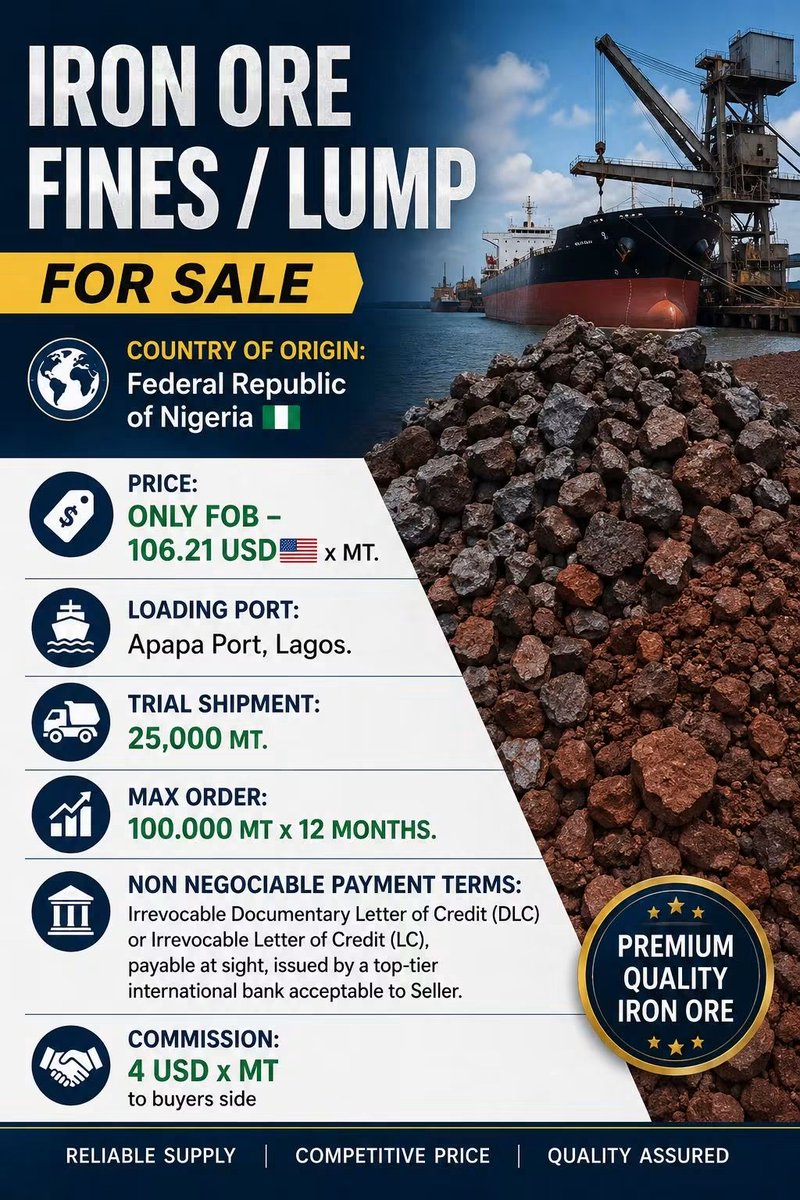 rzfglobaltrade's tweet photo. ⛏️ IRON ORE FINES / LUMPS – FOB NIGERIA 🇳🇬
💰 FOB: USD 106.21/MT
📦 Trial: 25,000 MT
📈 Up to 100,000 MT/Month
📄 FCO against valid LOI.
📧 rzfglobaltrading@gmail.com
Serious buyers only.
#IronOre #CommodityTrading #Mining #GlobalTrade #ImportExport https://t.co/sPtSURNmTx