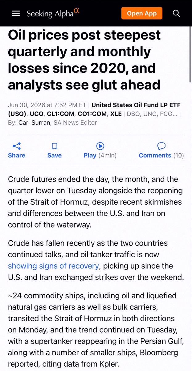 h_7318's tweet photo. Oil just had its worst quarter since the 2020 COVID crash—right in the middle of a war. 

The Strait of Hormuz got shut down. Normally, oil prices would spike. 

Nope. Nymex crude fell 31.4% to $69.50. Brent dropped 38.4% to $72.92.

Why? The war itself caused producers t https://t.co/koyxsvsbm1