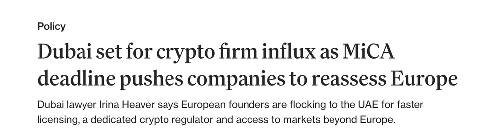 virtualbacon's tweet photo. MiCA takes full effect today. Any crypto firm without an EU license has to stop serving European clients as of now.

A Dubai lawyer says she now fields 120+ inquiries a week from founders looking to leave, half of them European. Rules built to protect the market are exporting it. https://t.co/MXzU1wsRNc