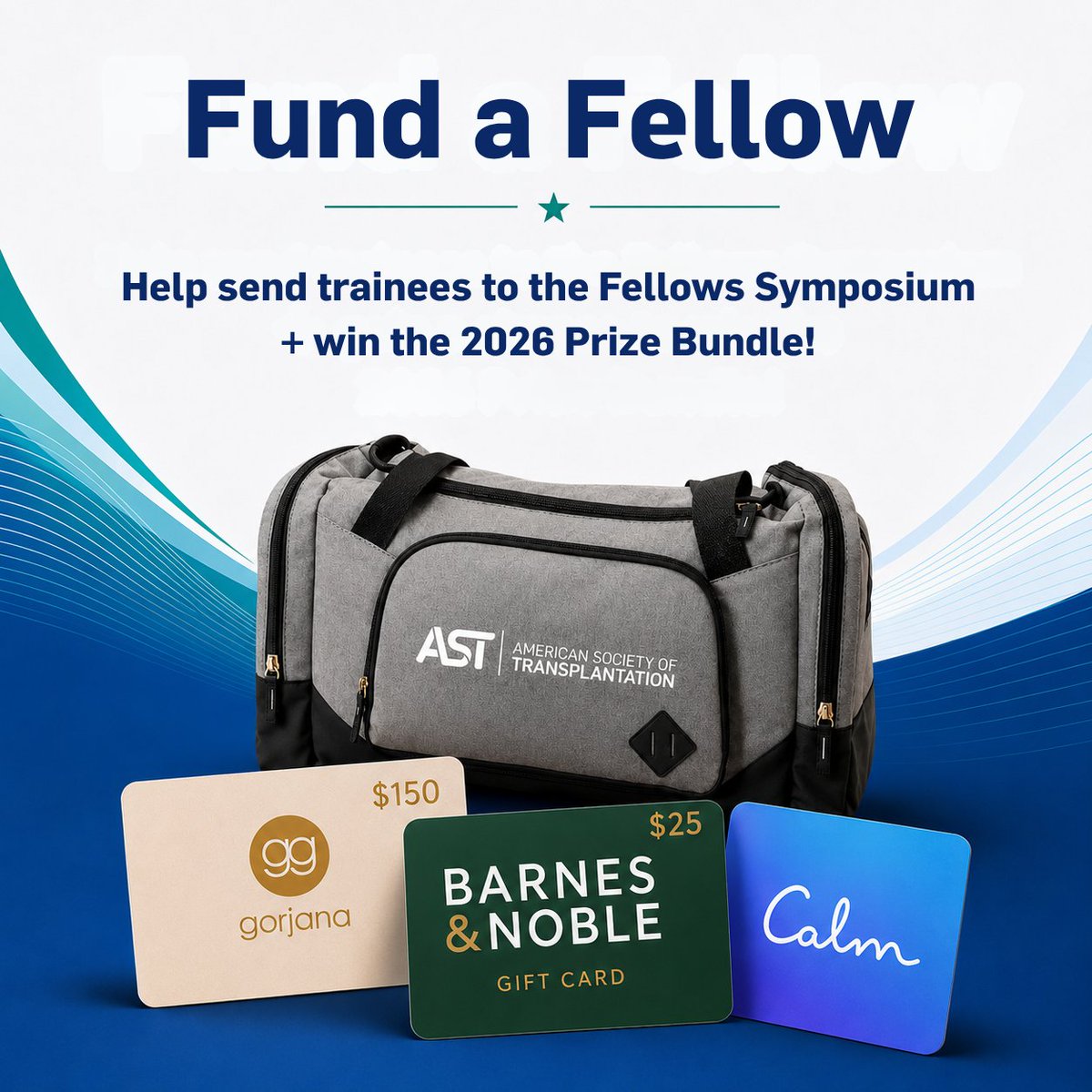 AST_info's tweet photo. Donate to the AST Fund a Fellow campaign and you'll be entered for a chance to win our 2026 Prize Bundle—all while helping fellows attend the Fellows Symposium on Transplantation.

Your support helps remove financial barriers so more early-career transplant professionals can learn, connect, and grow.

🎉 Prize Package Includes:

• $150 gorjana gift card
• $25 Barnes & Noble gift card
• AST swag bag
• 1-year Calm app subscription

Make your gift today:
🔗 https://t.co/2O8bIV0Fqb