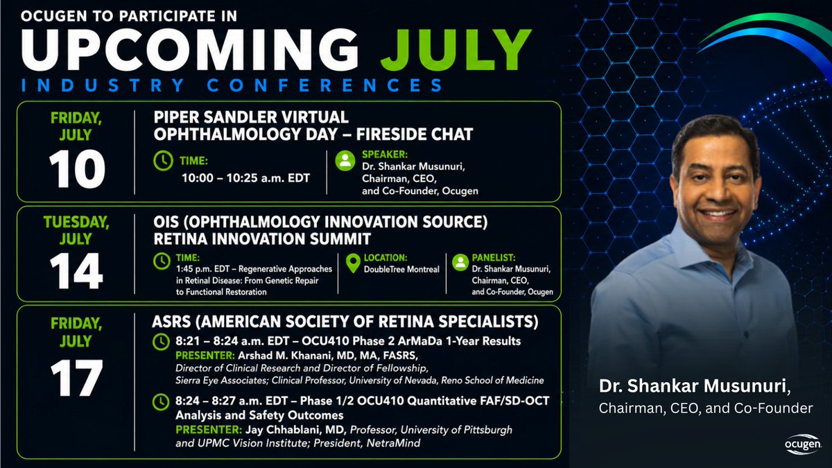Ocugen's tweet photo. Ocugen will participate in several investor and industry conferences this July, sharing updates on our modifier #genetherapy platform for blindness diseases. #Biotech @Piper_Sandler @OISTWEETS @asrsdocs @drsmusunuri

Read more: https://t.co/gVpdFxQ8hO https://t.co/NQof9TgKIG