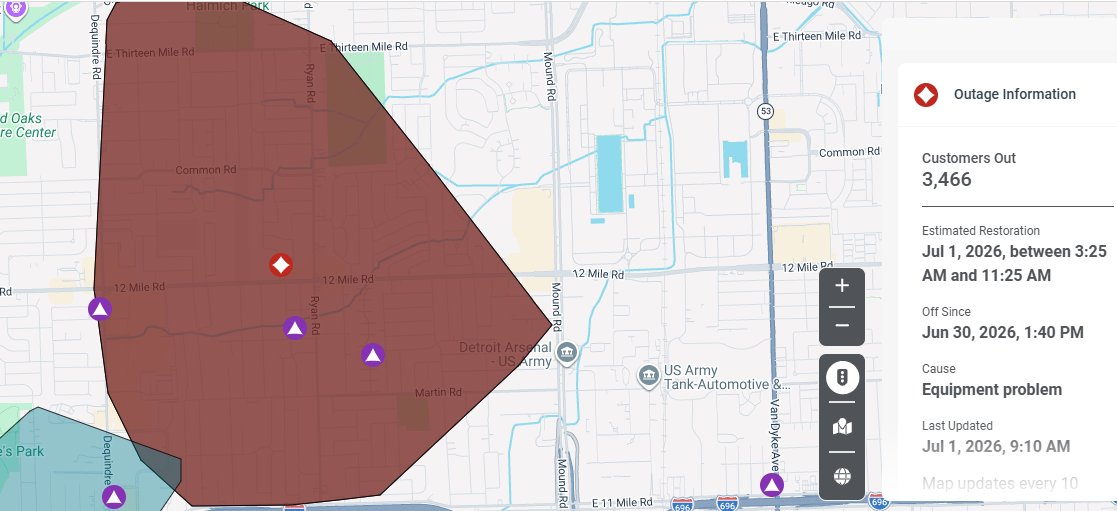 NewsDeskChuck's tweet photo. On one of the hottest days of the year.  No power here in #Warren - I'm sure the MPSC will approve that incoming rate increase to "improve the grid" https://t.co/NNEmDVb8ID