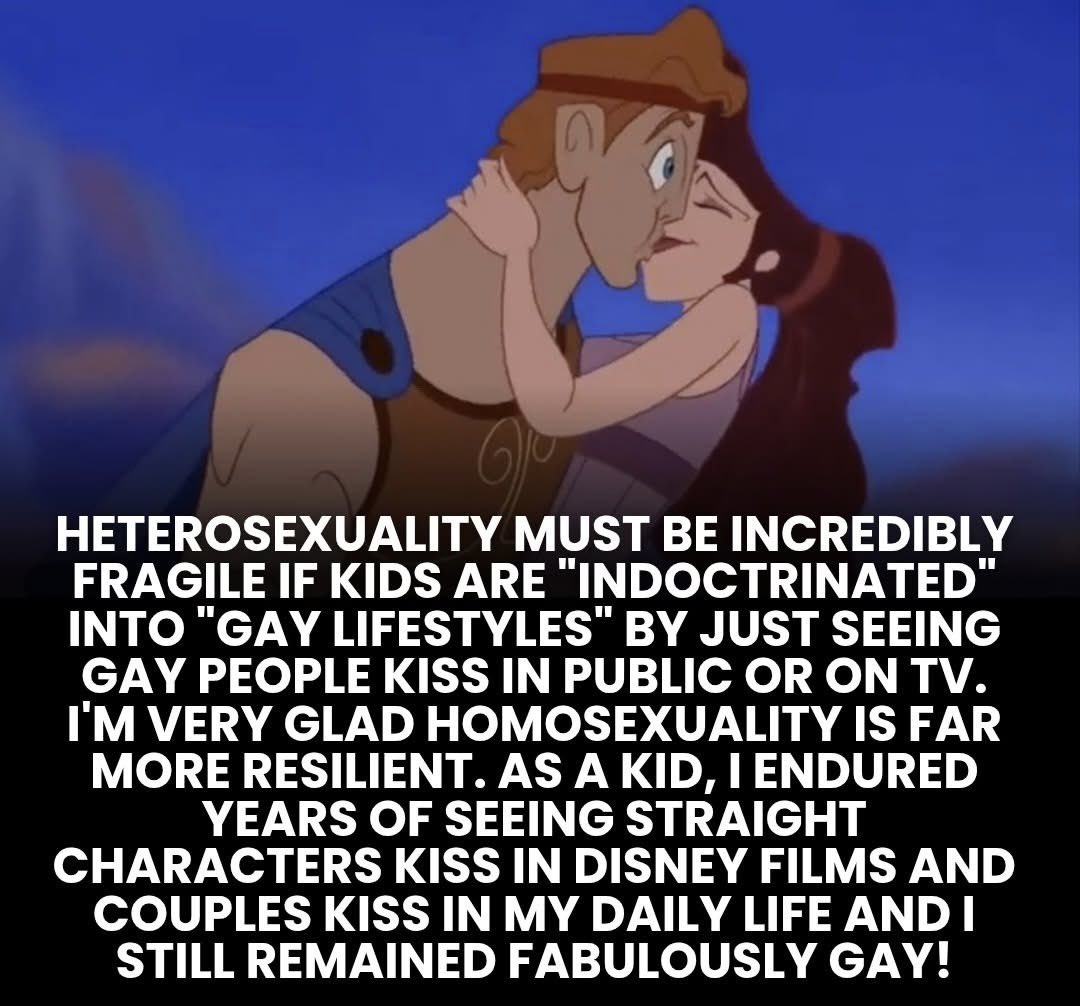 QueerFamlove's tweet photo. Disney straight kisses for decades and I’m still gay. Guess indoctrination is a one-way street 🤷🏾‍♂️ https://t.co/PiNim3muL7