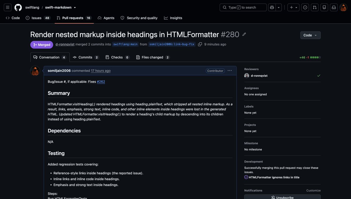 Techsom39849's tweet photo. Got another PR merged into Swift Markdown. Fixed HTML formatting so headings now preserve inline Markdown (links, emphasis, code, etc.) instead of stripping it. #Swift #OpenSource #iOSDev #SwiftLang #Markdown https://t.co/SPEB53thrM