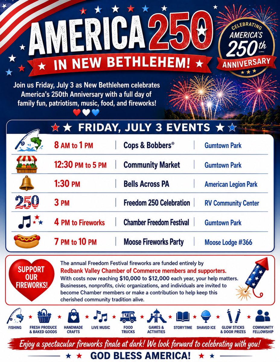 RedbankValley's tweet photo. 🇺🇸 Celebrate America 250 in New Bethlehem this Friday, July 3! 🎆 Enjoy fishing, a community market, live music, family fun, food, and fireworks! ❤️ Help keep this tradition alive by supporting the Redbank Valley Chamber of Commerce. https://t.co/3B5kGuKqu1
