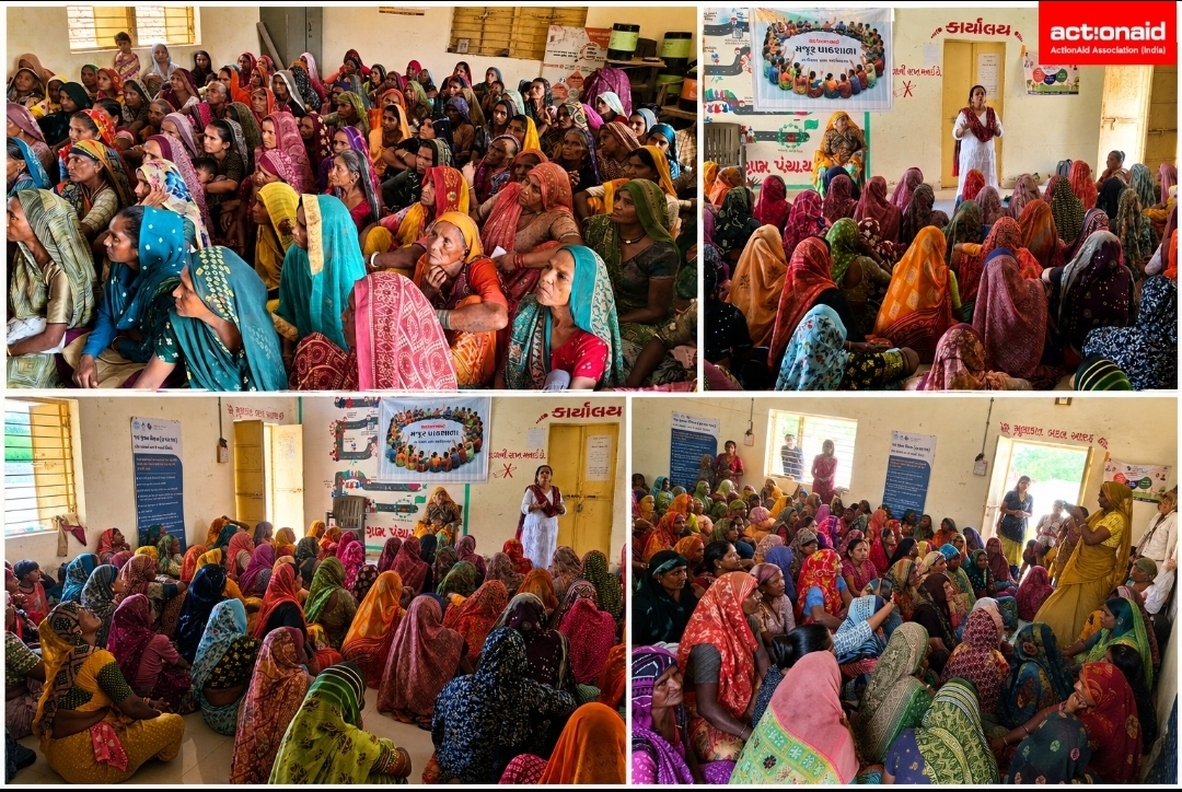 ActionAidIndia's tweet photo. ActionAid Association organised a Majdoor Pathshala in Gotarka village, Patan district, Gujarat, bringing together over 150 women workers from the informal  sector. The sessions created awareness on various labour welfare provisions, social security schemes, and Gram Sabha and Gram Panchayat processes. Participants gained information on accessing these schemes and collectively agreed to take these up in their communities to help secure greater social and economic protection for families #WorkersRights #SocialJustice @sndeep