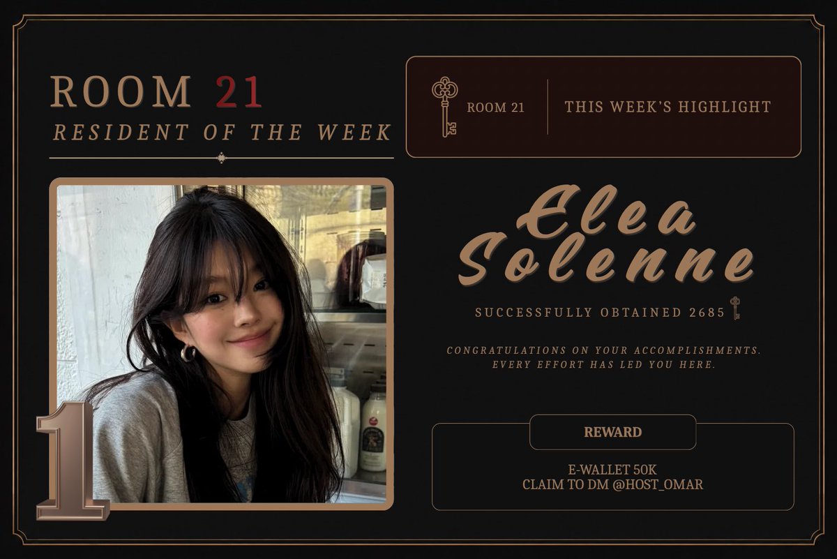 enterroom_21's tweet photo. ️️
️️
𝗥𝗘𝗦𝗜𝗗𝗘𝗡𝗧 𝗢𝗙 𝗧𝗛𝗘 𝗪𝗘𝗘𝗞
𝗙𝗜𝗥𝗦𝗧 𝗣𝗟𝗔𝗖𝗘 🥇

Elea @SOMIr21 — 2685 🗝️

Thank you for your effort and consistency throughout the week.

️️ https://t.co/6UEIfobImC